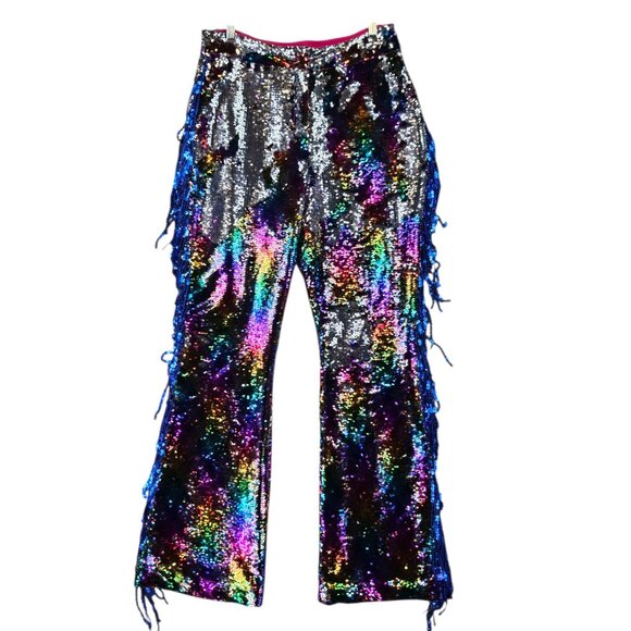 Nasty Gal Pants - Nasty Gal Pants Womens 10 Multicolor Sequin Flare Side Fringe Festival Party